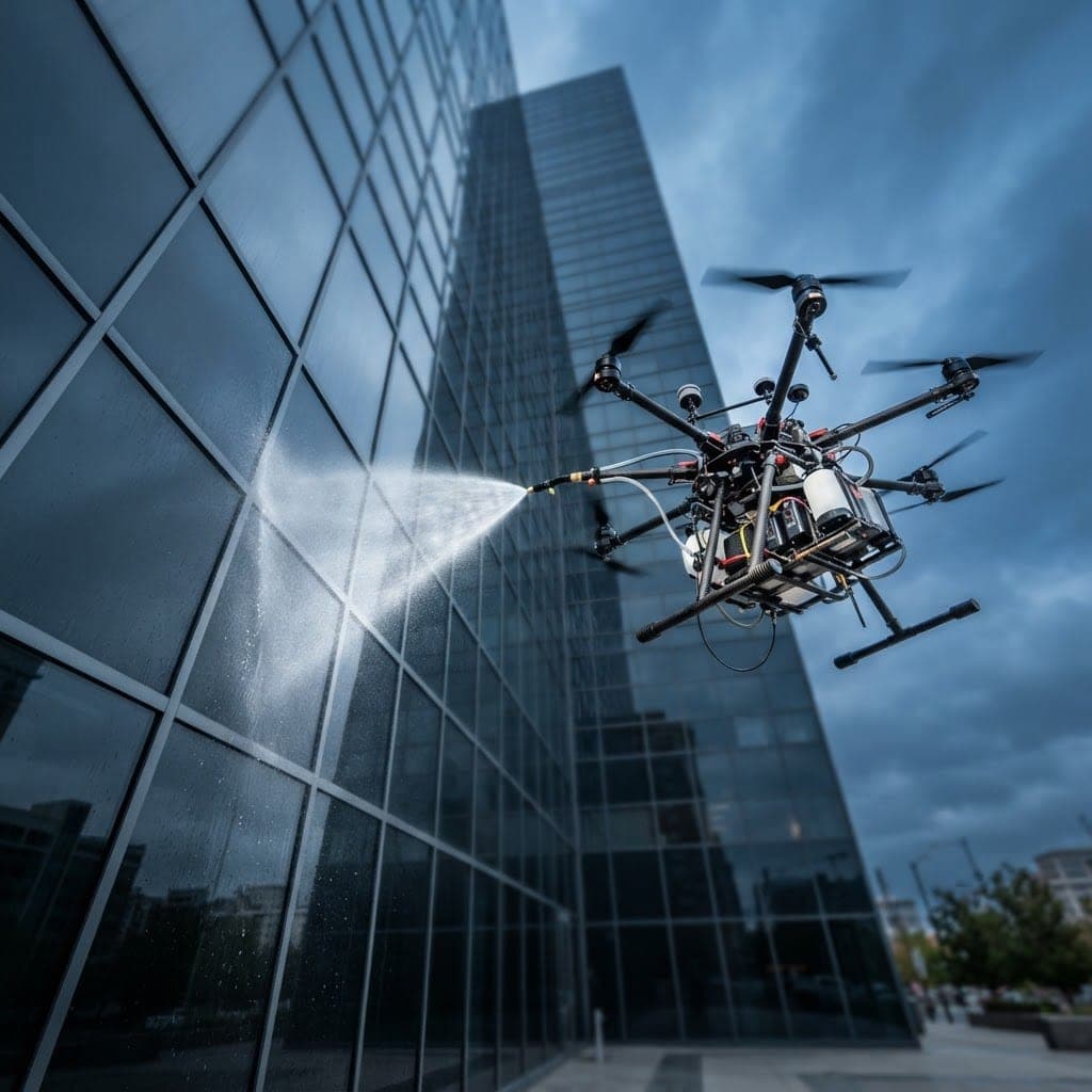 Cleaning drone beside a glass office tower, spraying pure water across the facade