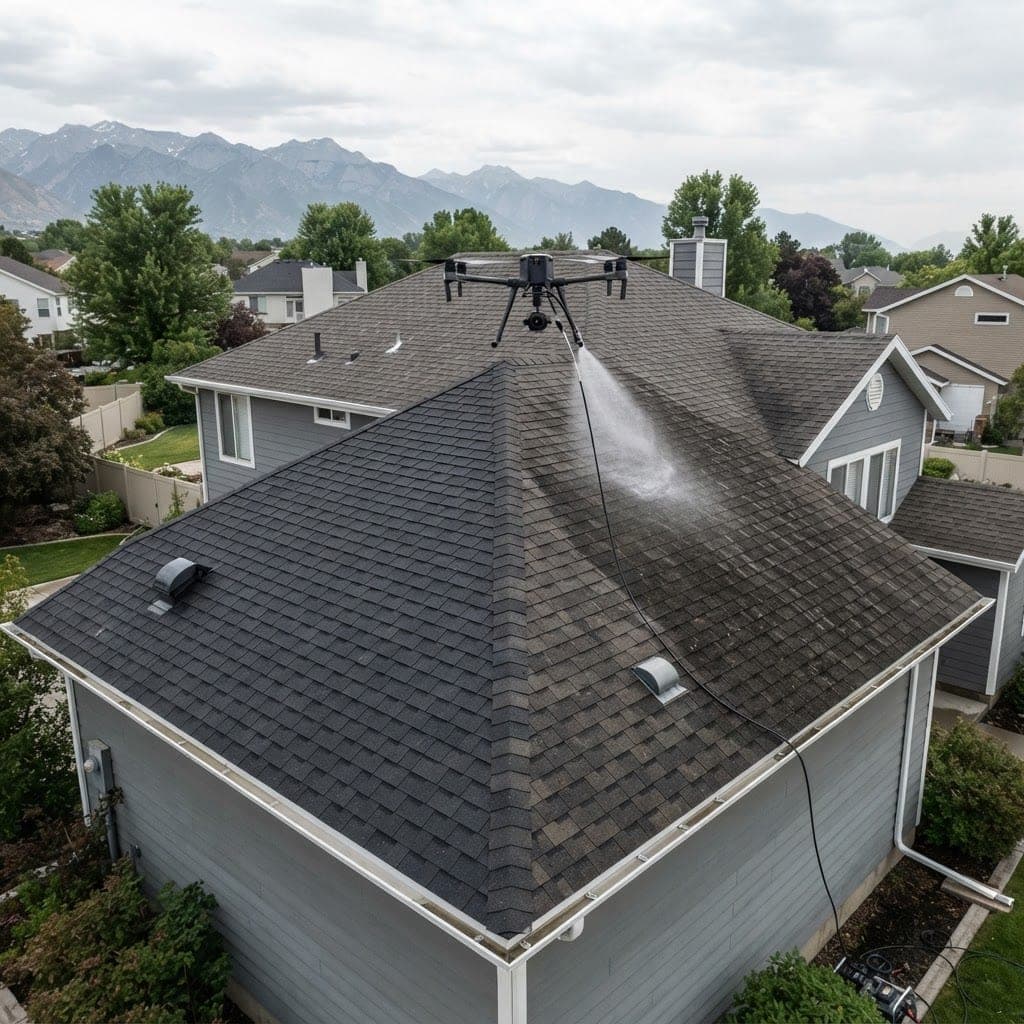 Drone soft-washing an asphalt shingle roof, with cleaned area contrasting against remaining algae streaks