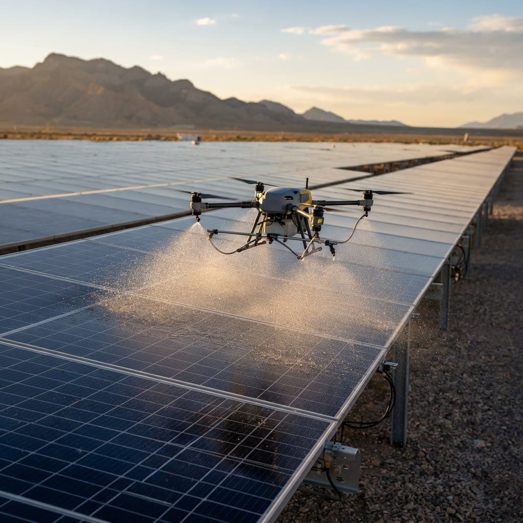 Cleaning drone spraying deionized water across a large array of solar panels at golden hour