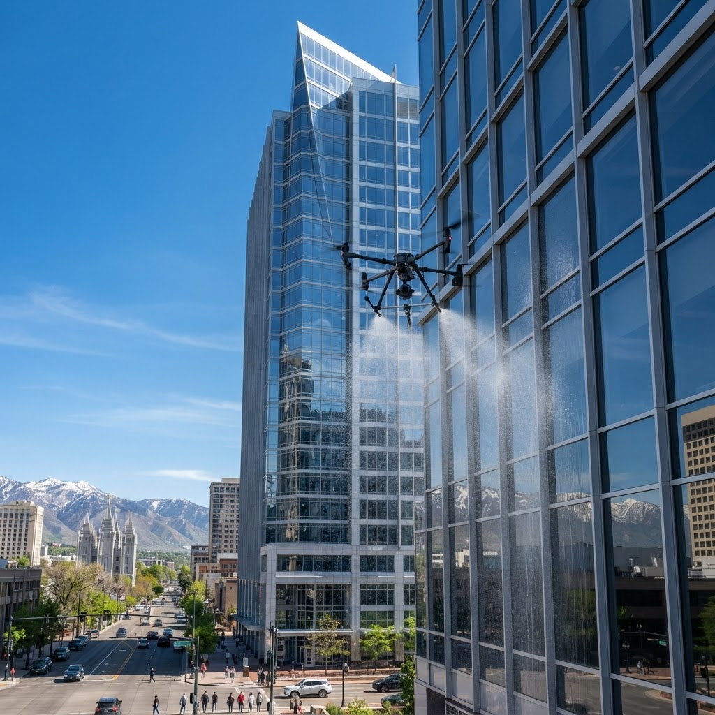 An iconic Utah glass office tower being cleaned by a drone spraying water along its exterior facade